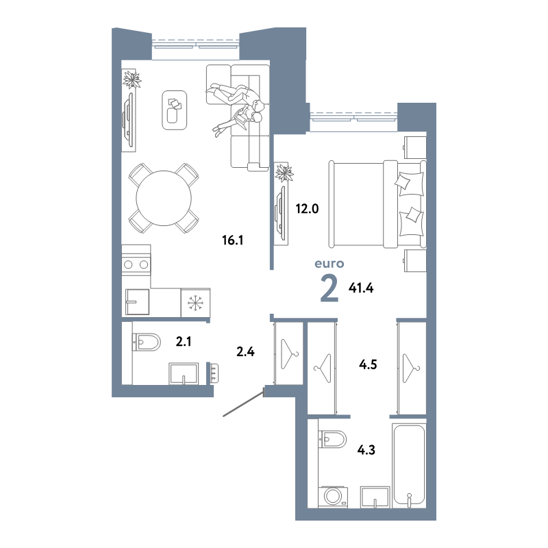 2 ккв (Евро) 41,4 м²