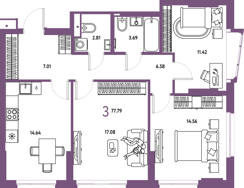 3 ккв 77,8 м²