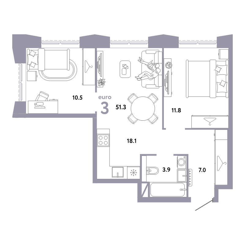 3 ккв (Евро) 51,3 м²