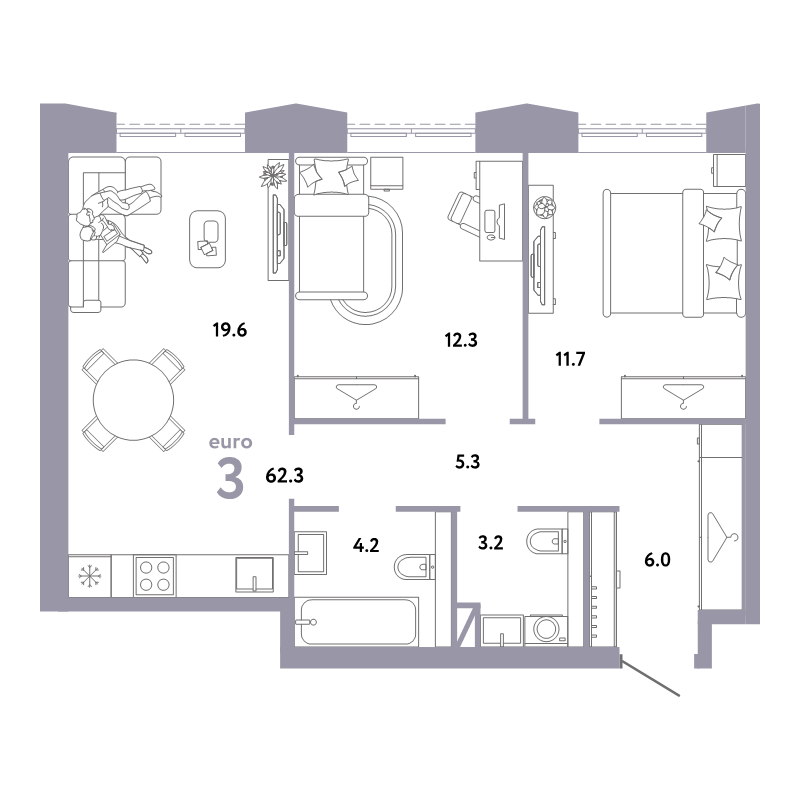 3 ккв (Евро) 62,3 м²