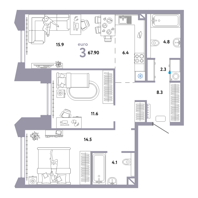 3 ккв (Евро) 68,4 м²
