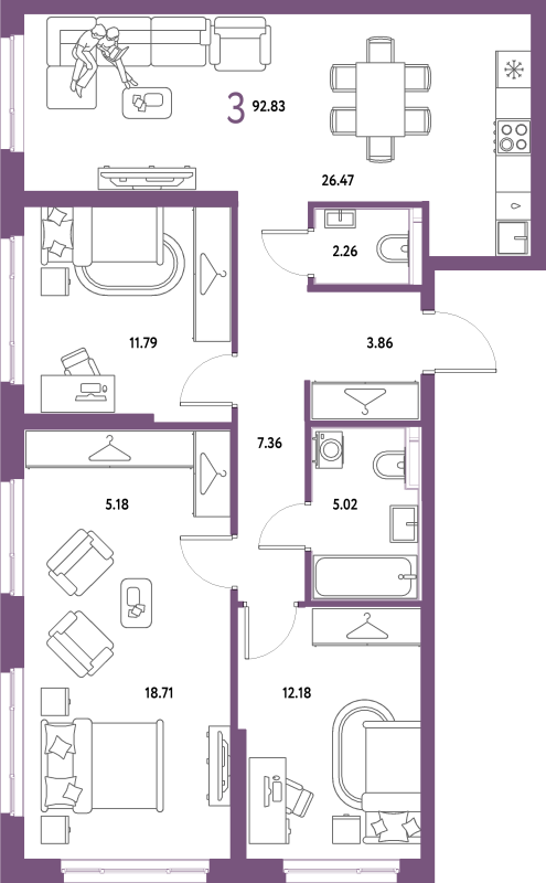 4 ккв (Евро) 92,8 м²