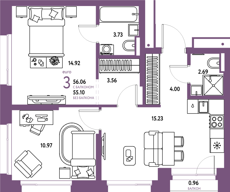 3 ккв (Евро) 56,1 м²