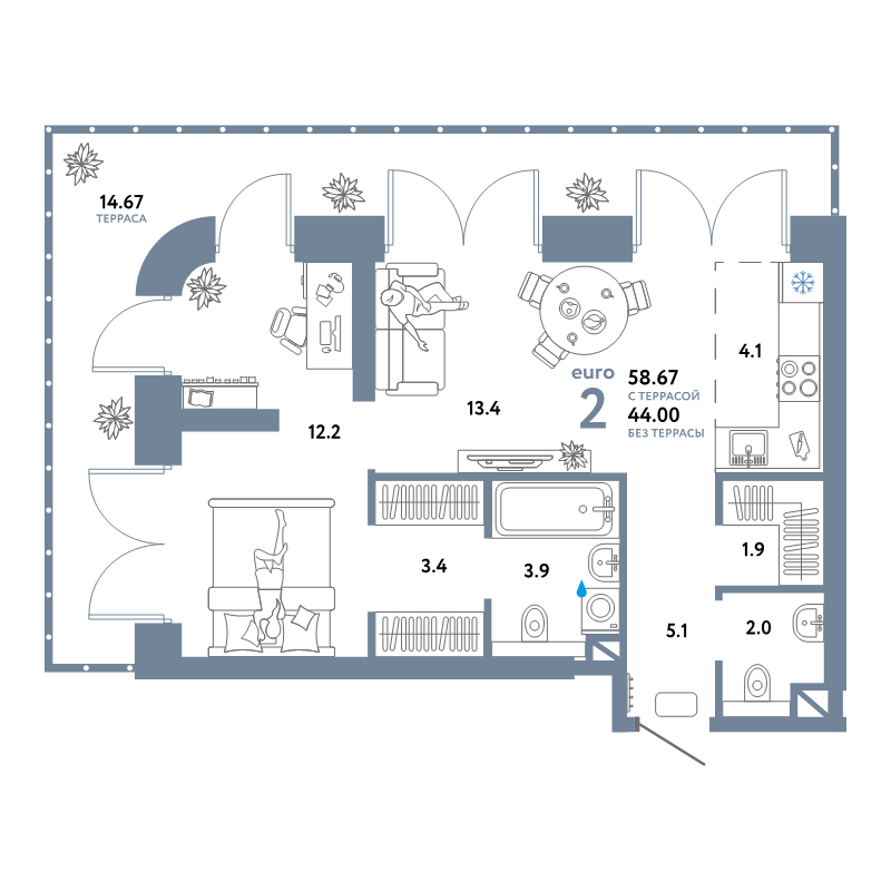 2 ккв (Евро) 58,7 м²