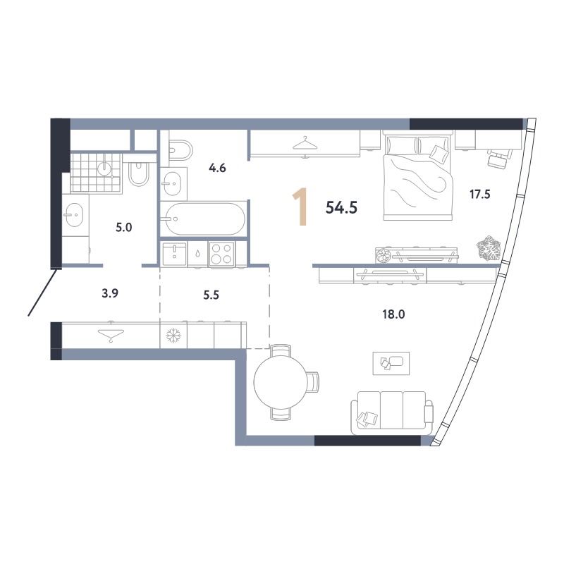 2 ккв (Евро) 54,5 м²