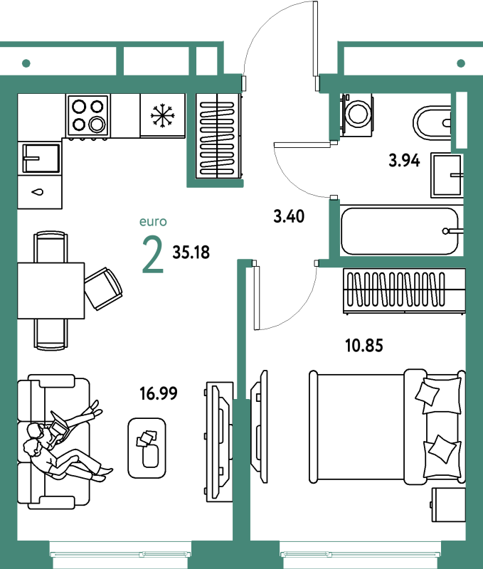2 ккв (Евро) 35,2 м²