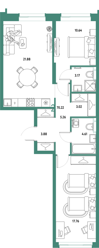 3 ккв (Евро) 70,2 м²
