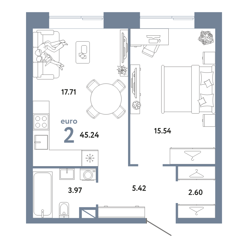 2 ккв (Евро) 45,2 м²