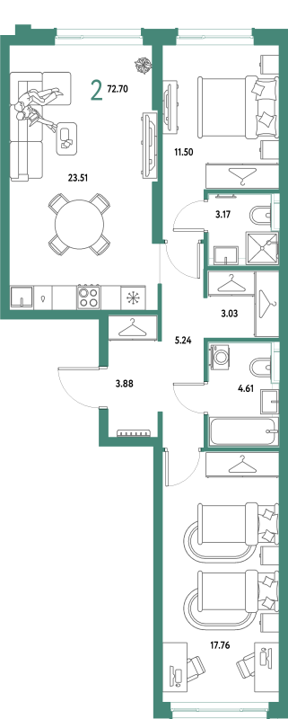 3 ккв (Евро) 72,7 м²