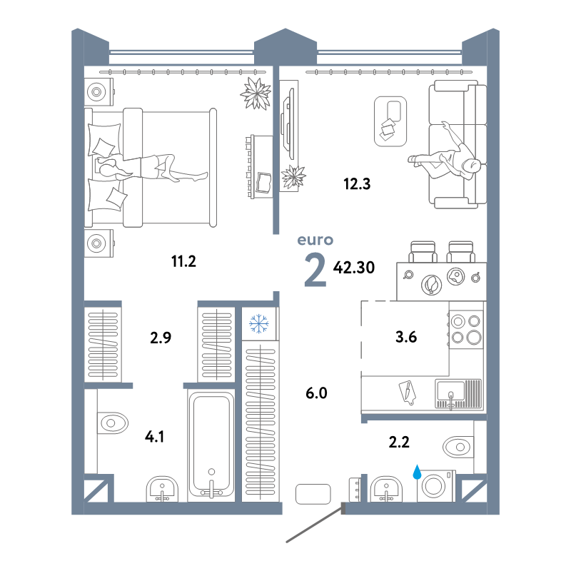 2 ккв (Евро) 42,3 м²