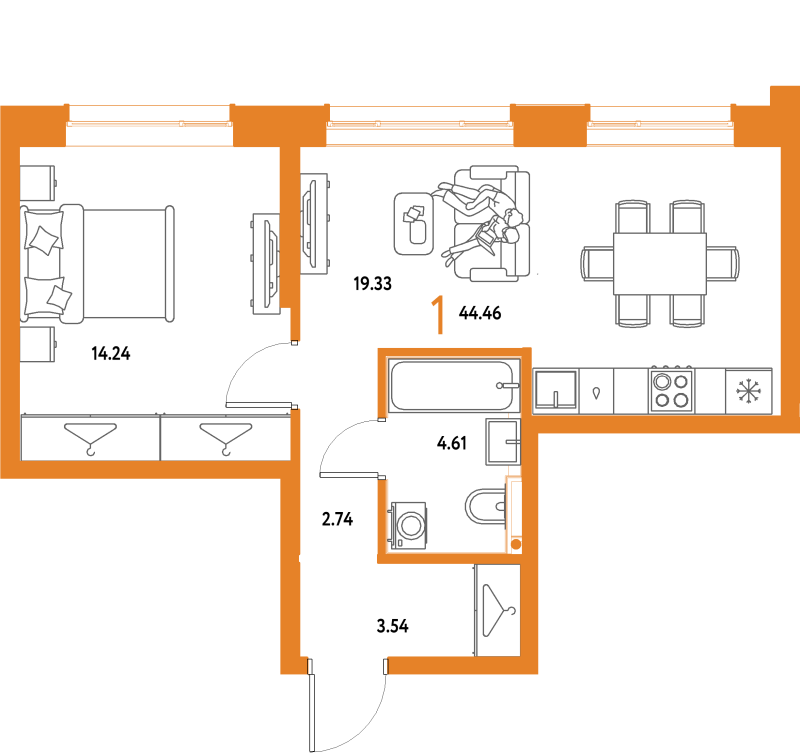 2 ккв (Евро) 44,5 м²