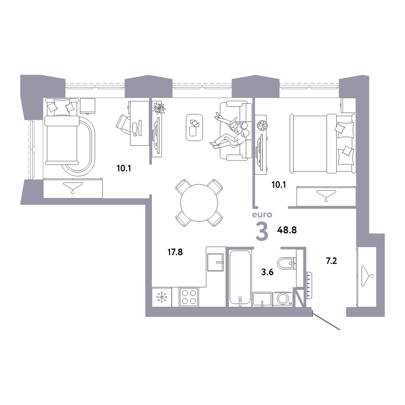 3 ккв (Евро) 48,8 м²