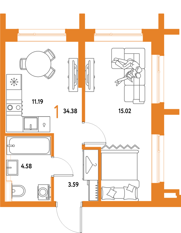 1 ккв 34,4 м²