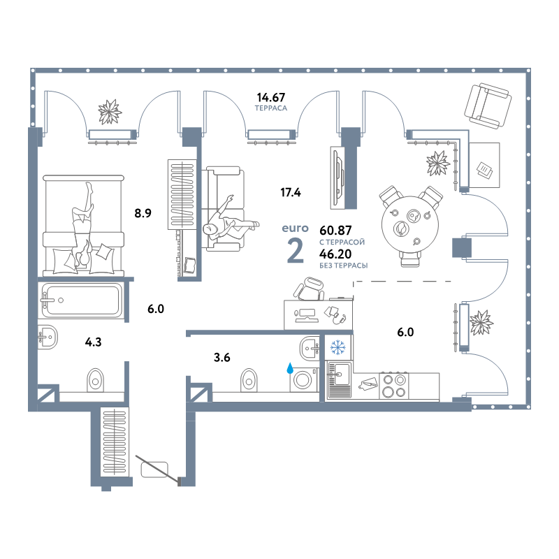 2 ккв (Евро) 60,9 м²