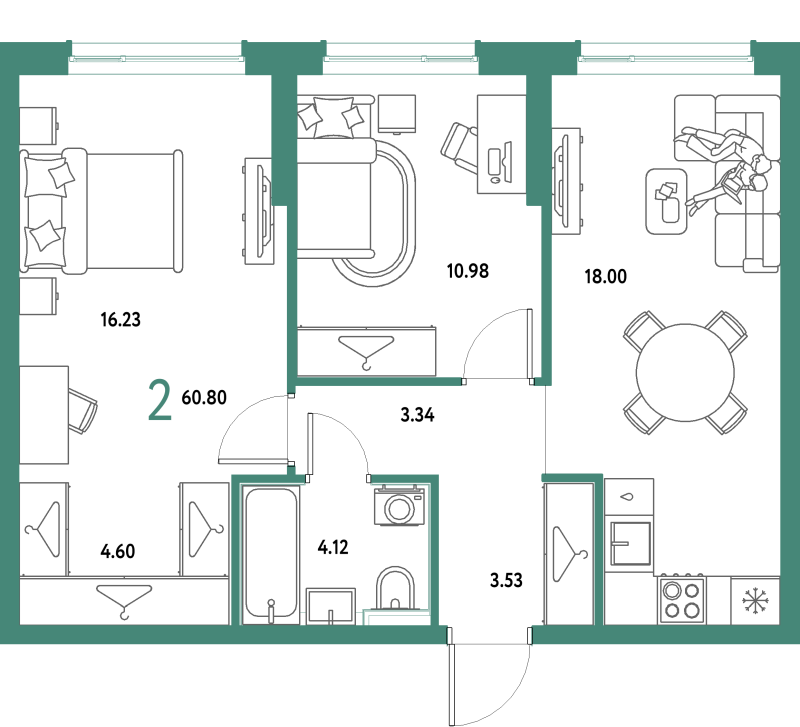 3 ккв (Евро) 60,8 м²
