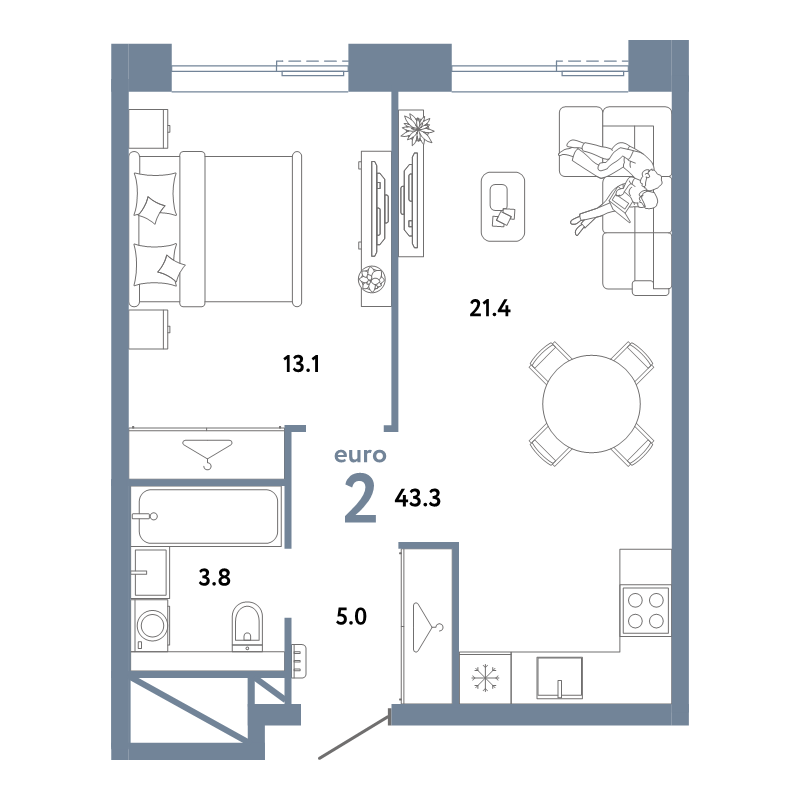 2 ккв (Евро) 43,3 м²