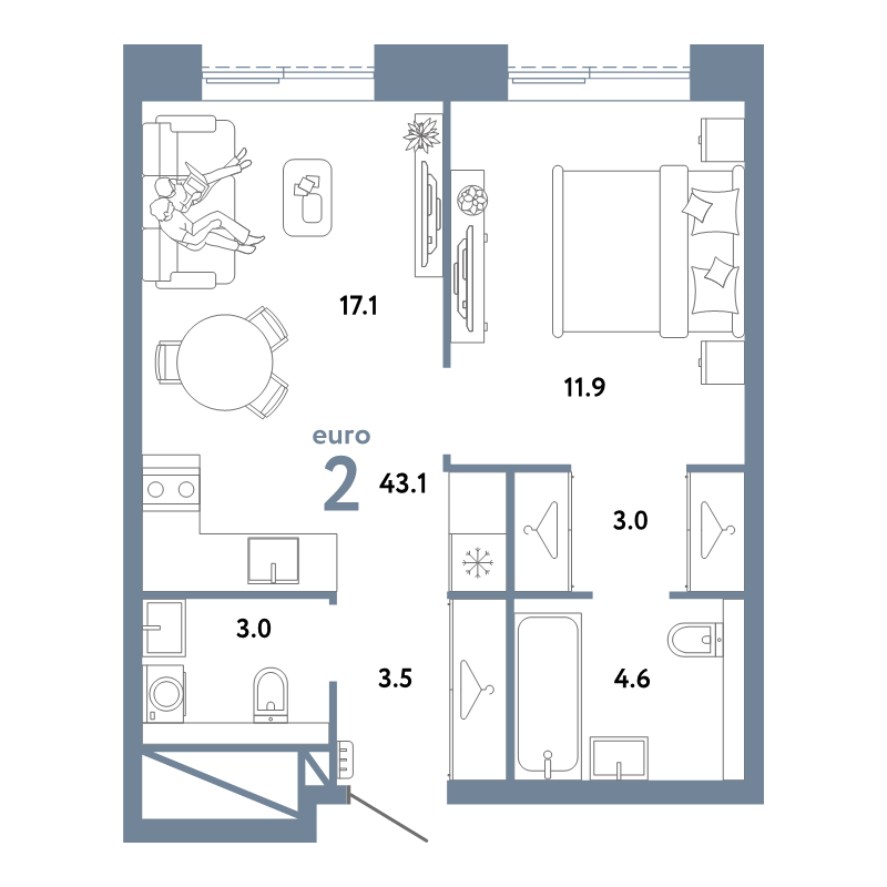 2 ккв (Евро) 43,1 м²