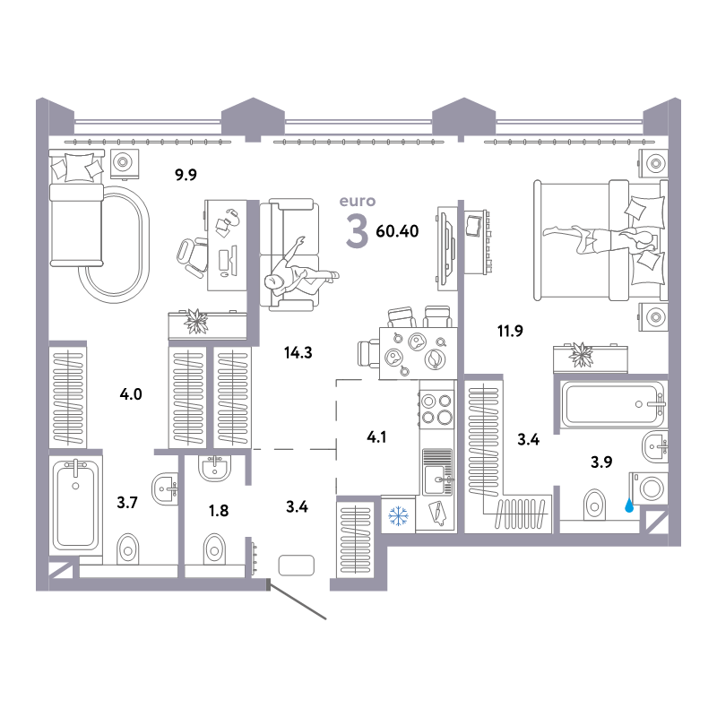 3 ккв (Евро) 60,4 м²