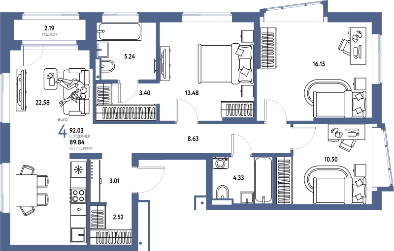 4 ккв (Евро) 92 м²
