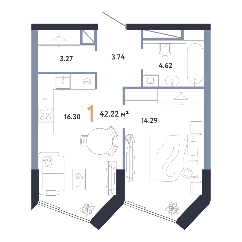 2 ккв (Евро) 42,2 м²