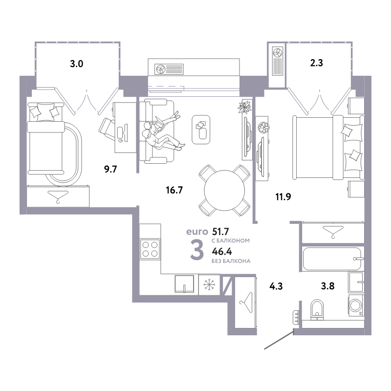3 ккв (Евро) 51,7 м²