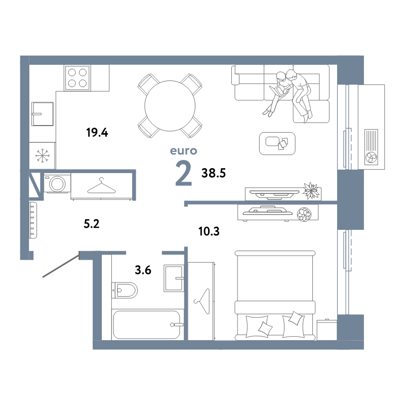2 ккв (Евро) 38,5 м²