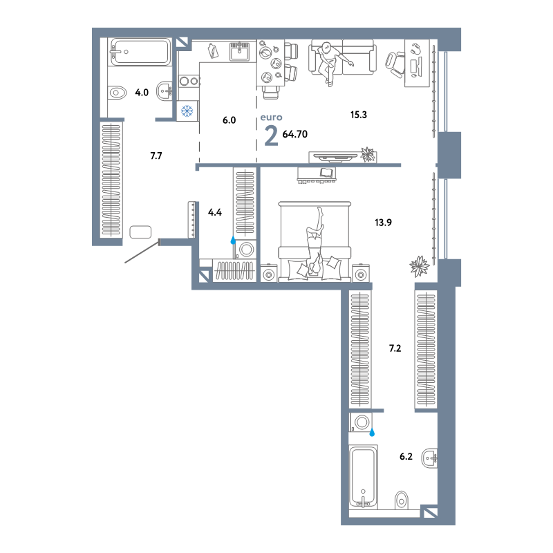 2 ккв (Евро) 65 м²