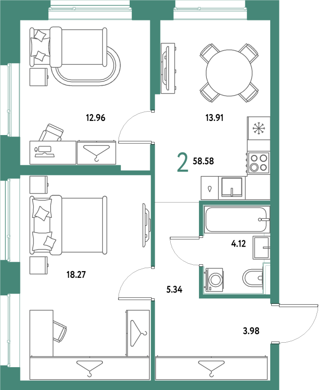 2 ккв 58,6 м²