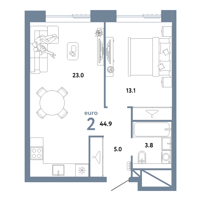 2 ккв (Евро) 44,9 м²