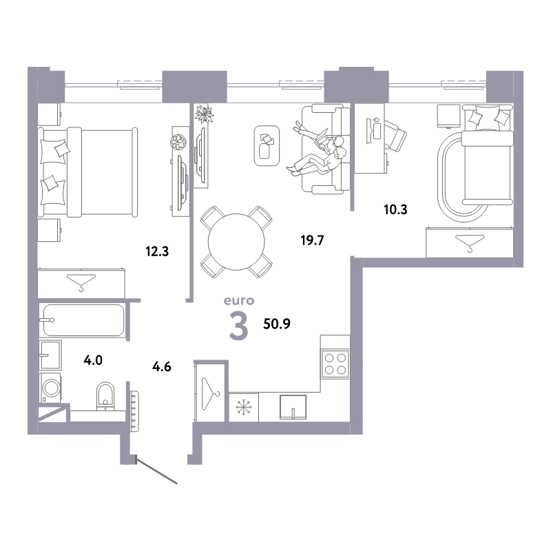 3 ккв (Евро) 50,9 м²