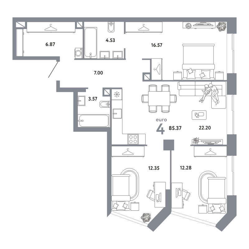 4 ккв (Евро) 85,4 м²