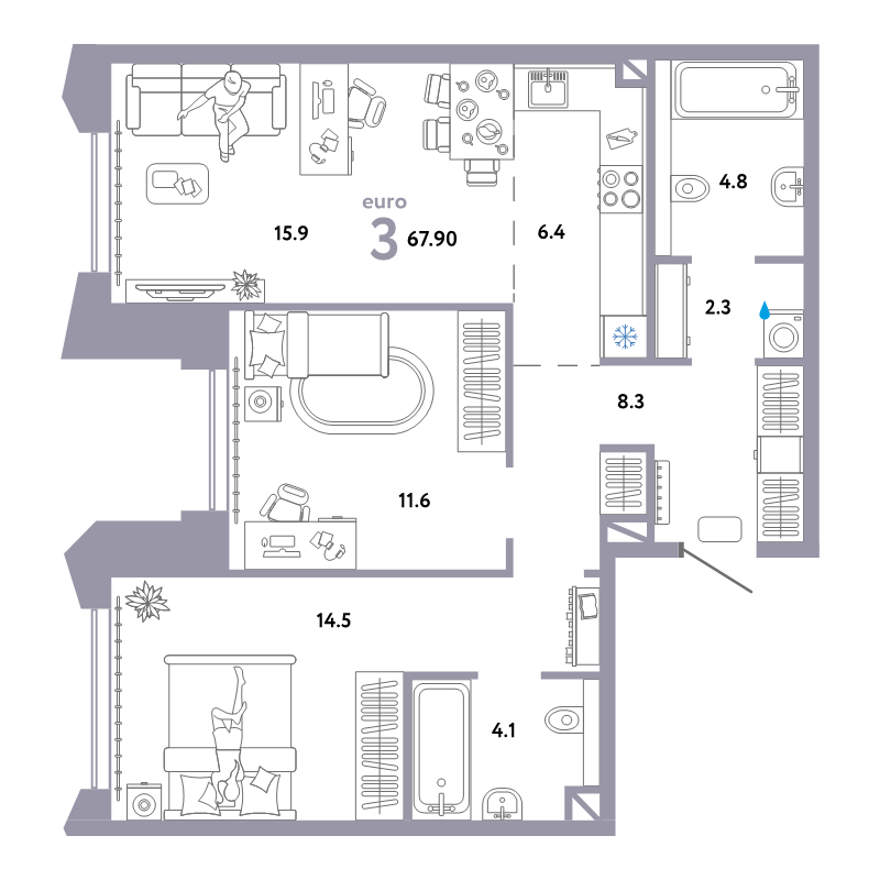 3 ккв (Евро) 67,9 м²