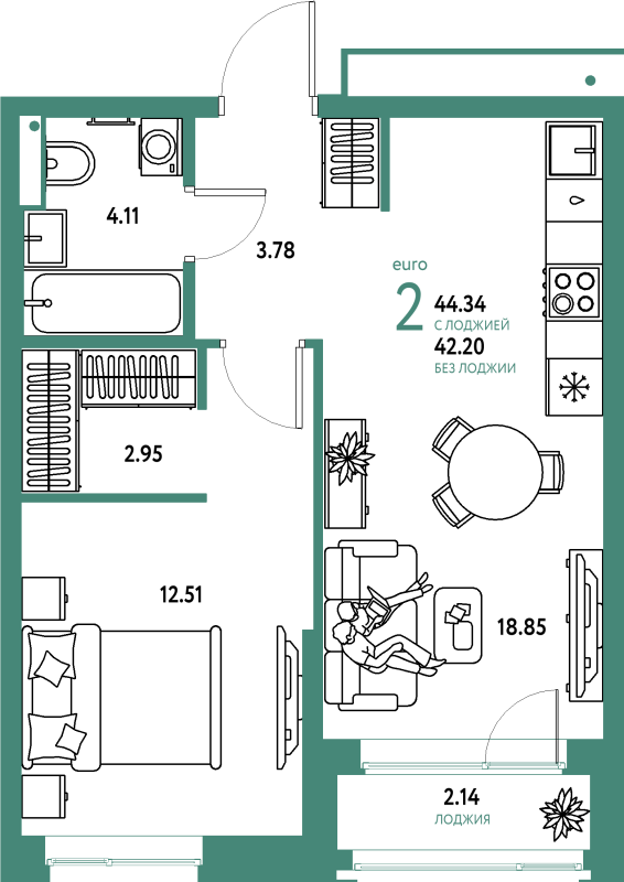 2 ккв (Евро) 44,3 м²