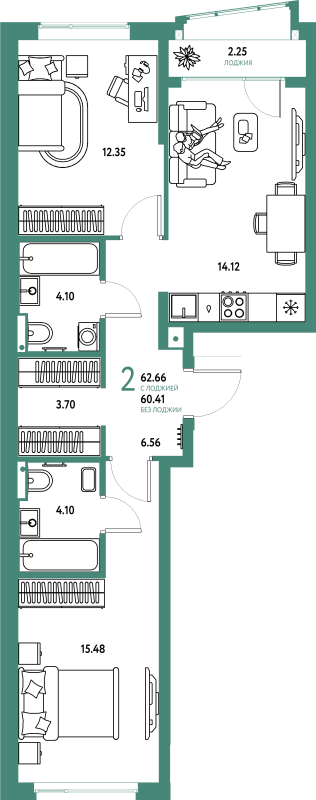 2 ккв 62,7 м²