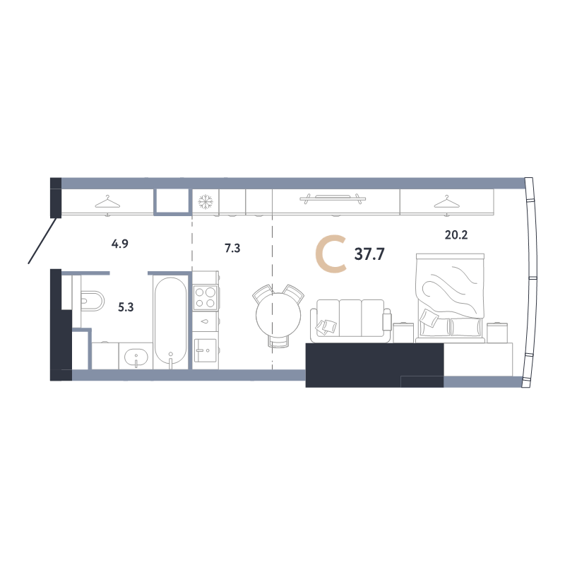 Студия 37,7 м²