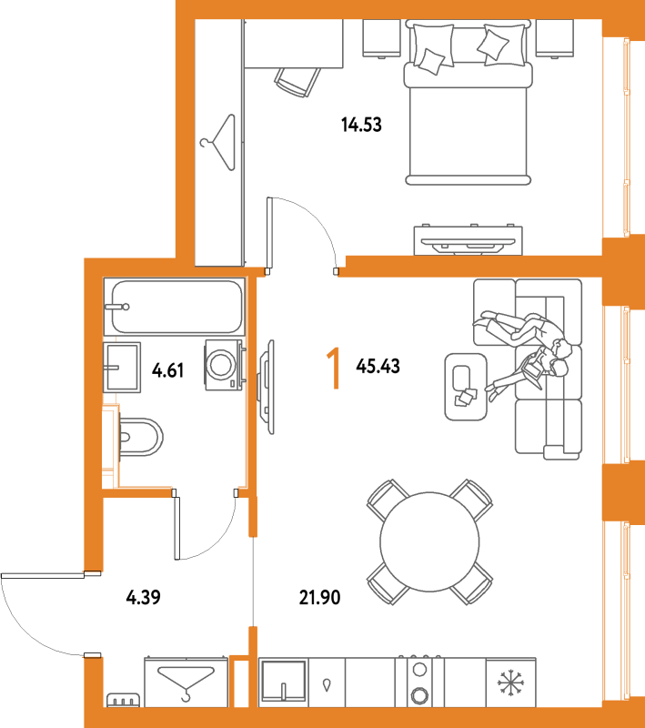 2 ккв (Евро) 45,4 м²