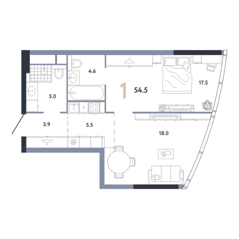 2 ккв (Евро) 54,5 м²