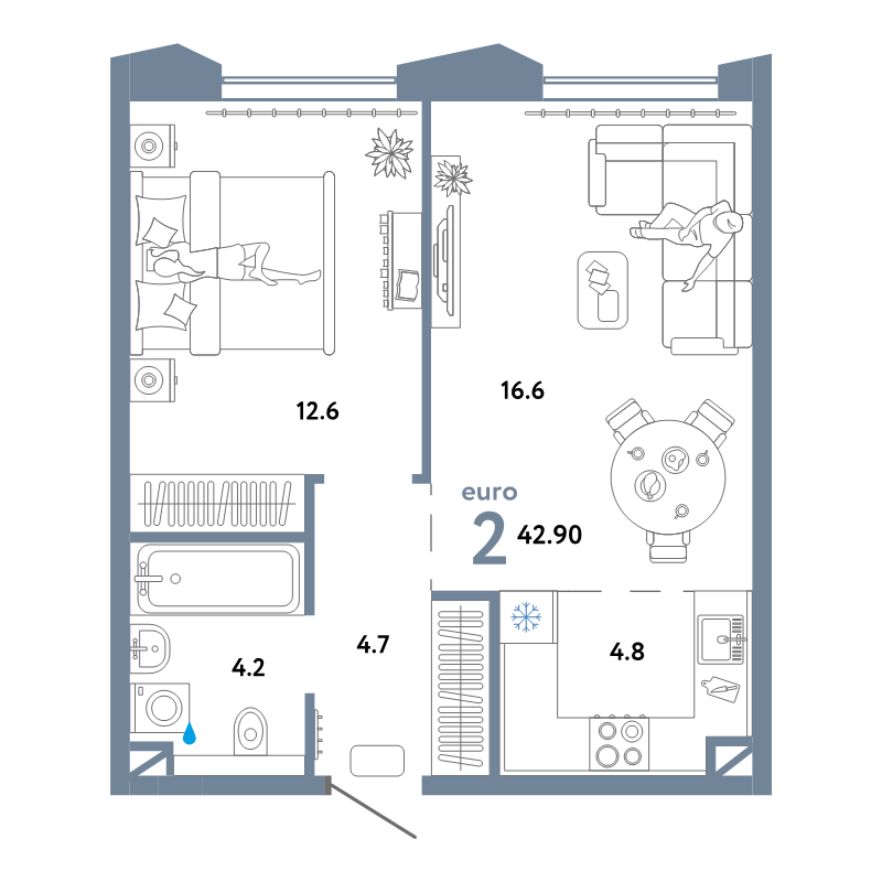 2 ккв (Евро) 42,9 м²