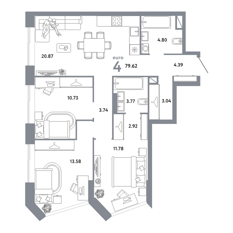 4 ккв (Евро) 79,6 м²