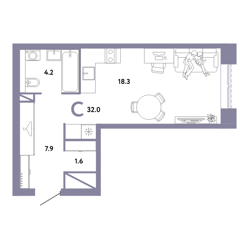 Студия 32 м²