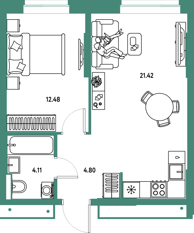2 ккв (Евро) 42,8 м²