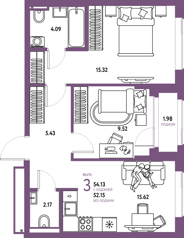 3 ккв (Евро) 54,1 м²
