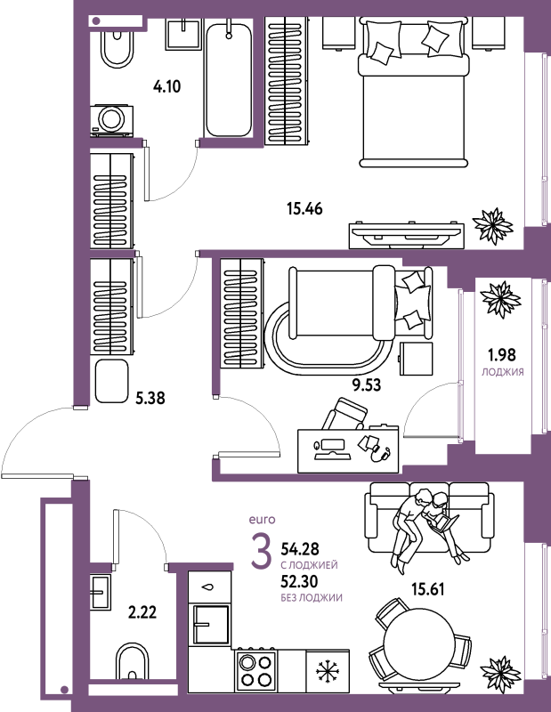 3 ккв (Евро) 54,3 м²