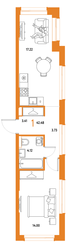 2 ккв (Евро) 42,5 м²