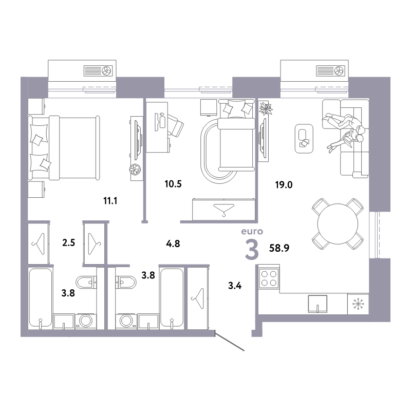 3 ккв (Евро) 58,9 м²