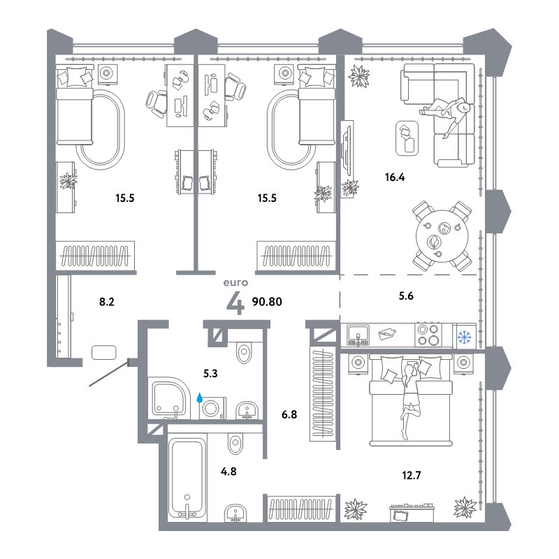 4 ккв (Евро) 90,8 м²