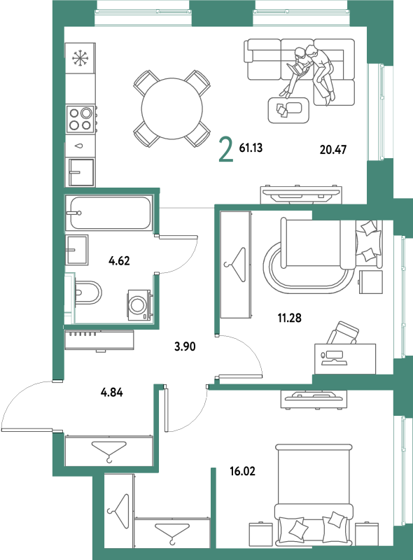 3 ккв (Евро) 61,1 м²