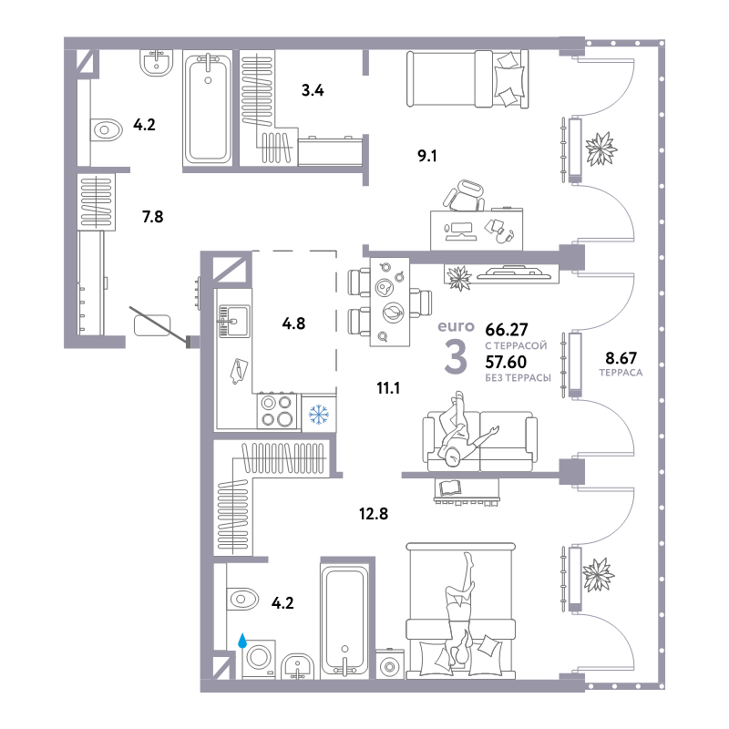 3 ккв (Евро) 66,3 м²