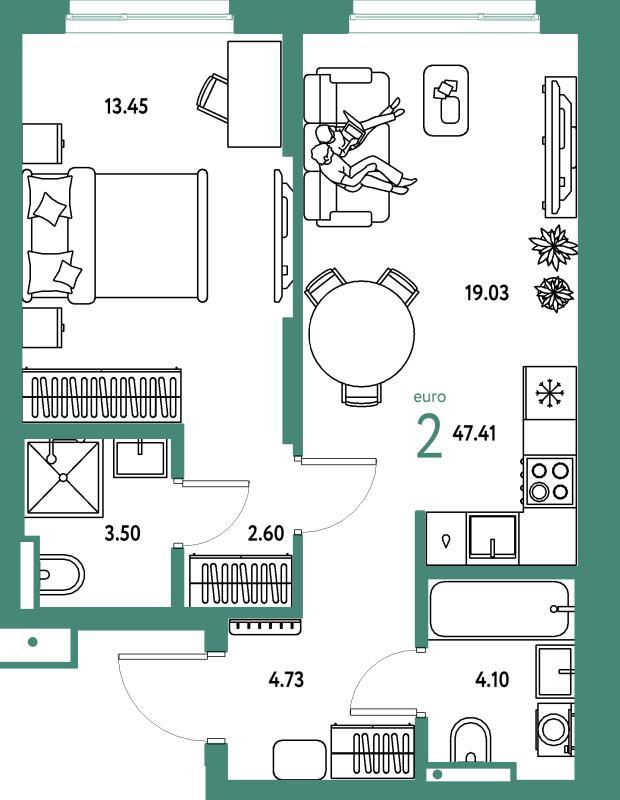 2 ккв (Евро) 47,4 м²
