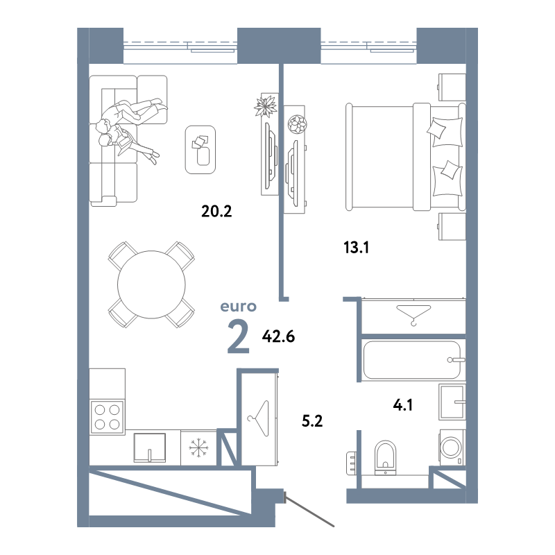 2 ккв (Евро) 42,6 м²